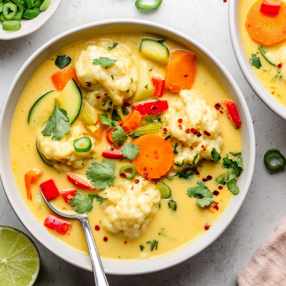 Savory coconut curry soup with soft pillowy dumplings garnished with fresh cilantro