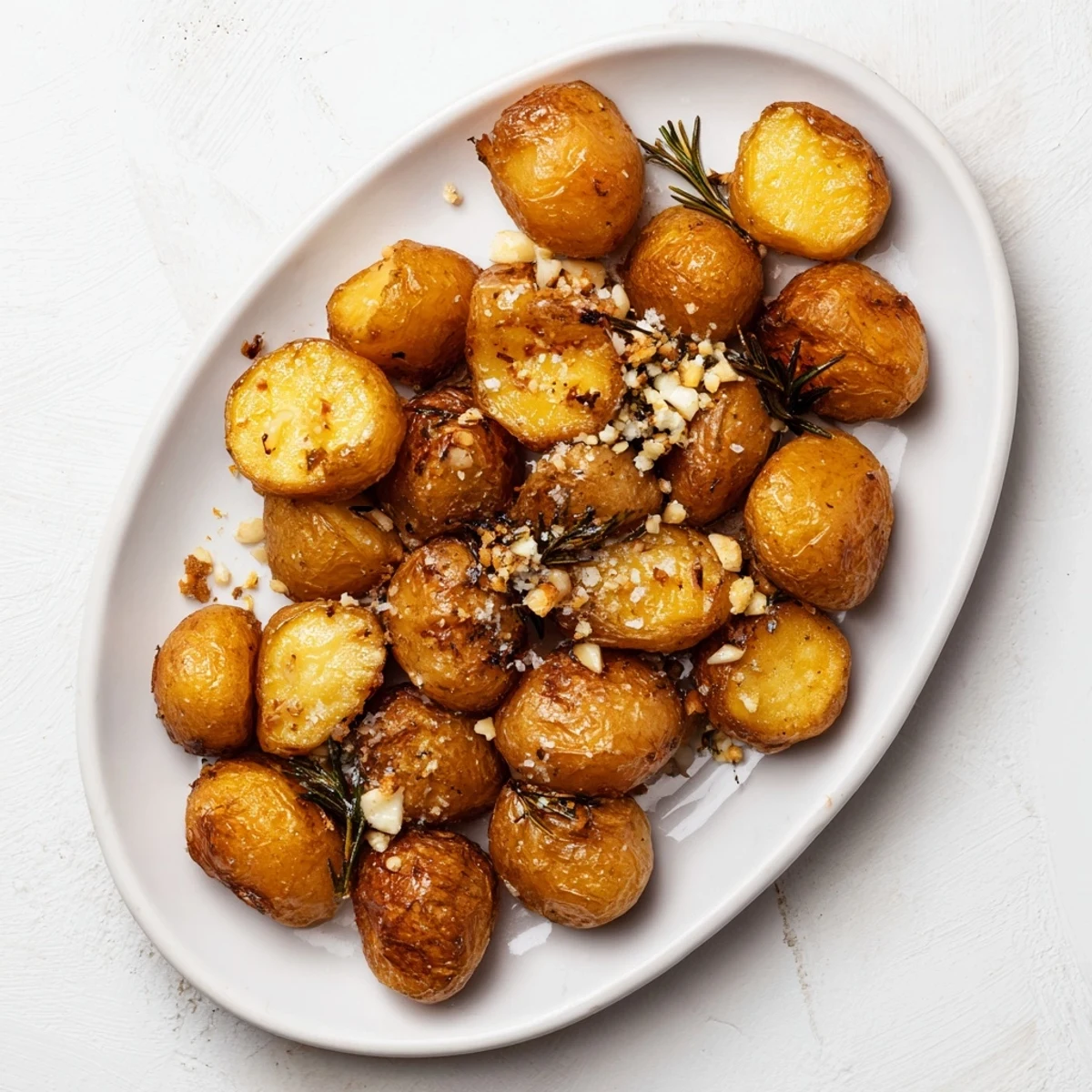 British-style homemade roast potatoes scattered with fresh rosemary, roasted to golden brown perfection on a white serving platter