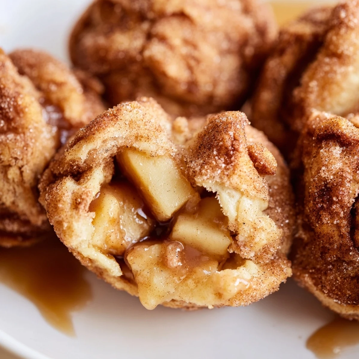 Golden brown caramel apple pie bombs with cinnamon sugar coating and bubbling caramel centers