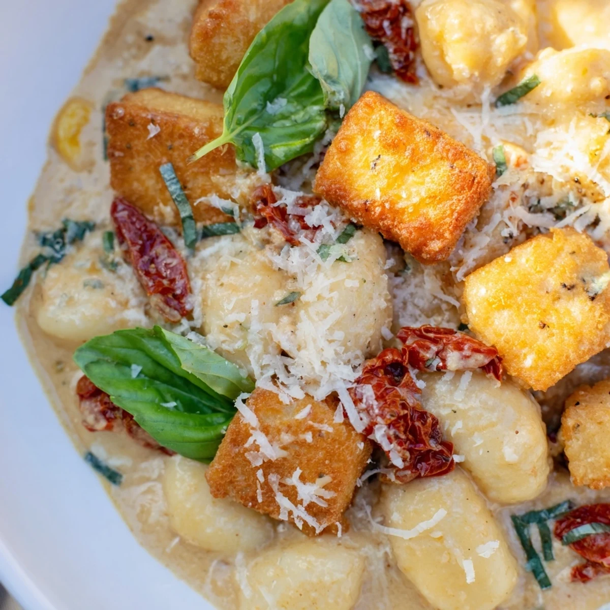 Golden crispy tofu cubes and pillowy gnocchi swim in a rich creamy sun-dried tomato sauce