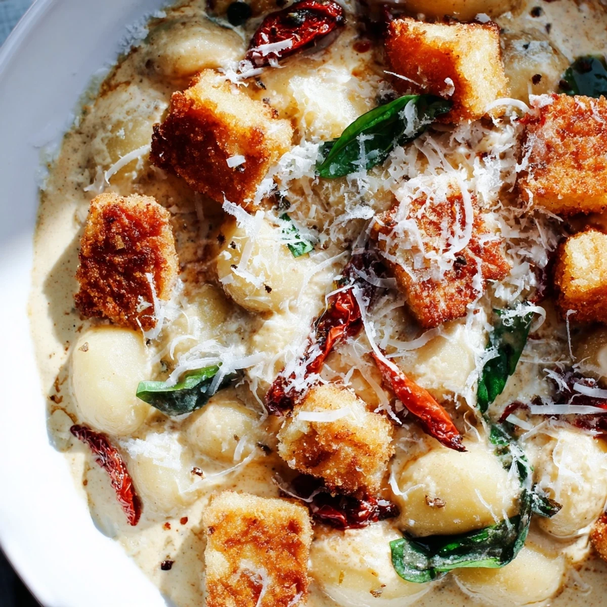 Restaurant-style crispy tofu and tender potato gnocchi coated in a savory Italian-inspired cream sauce