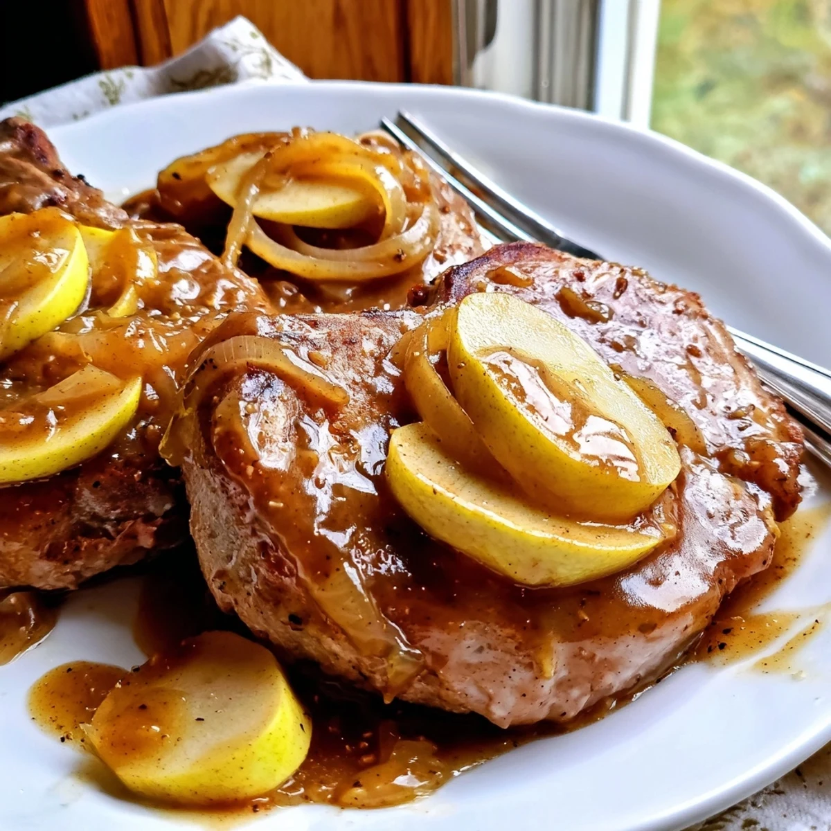 Golden brown seared pork chops resting in a rich cinnamon apple butter glaze with tender caramelized onions and sliced apples