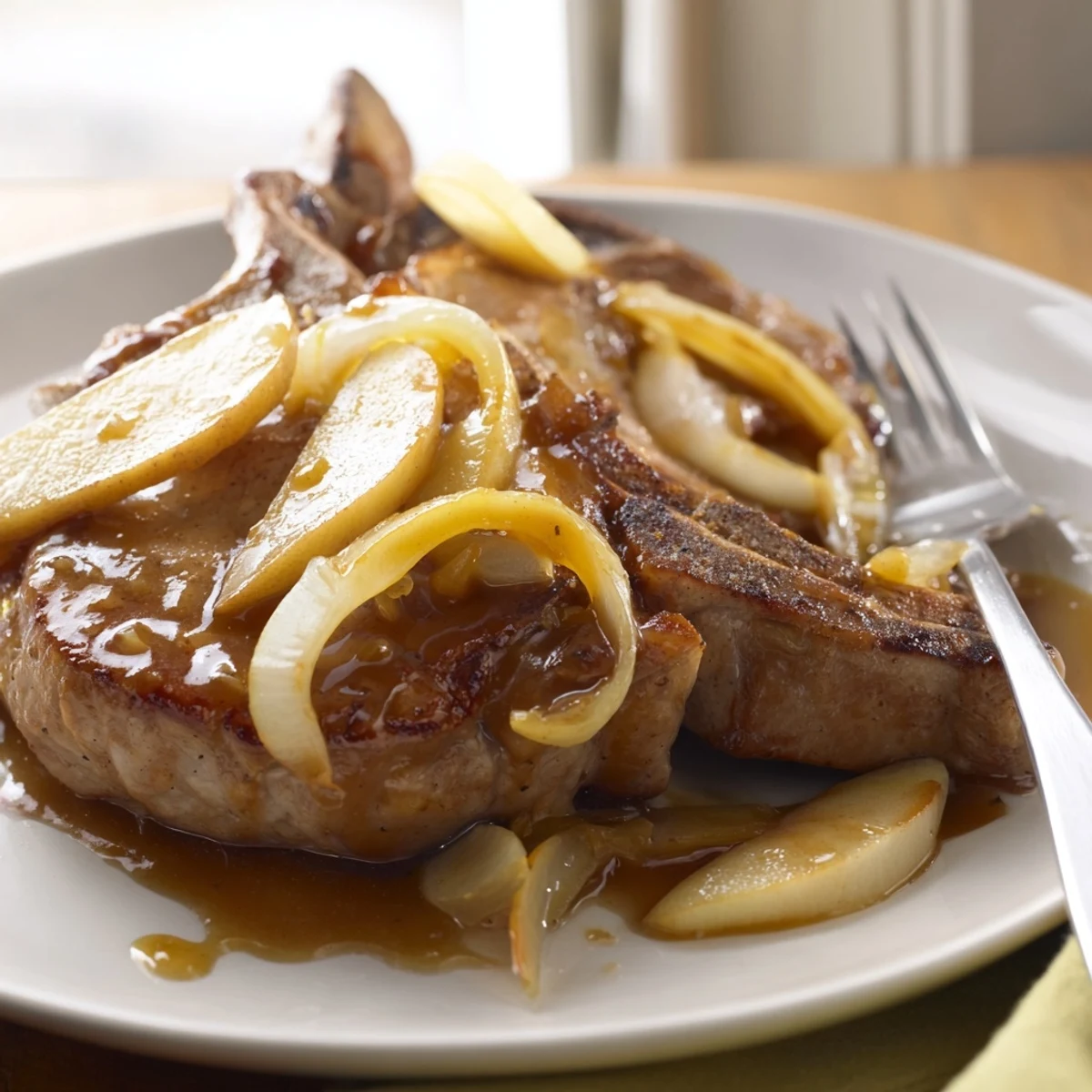 Tender Apple Butter Pork Chops served over a platter topped with sweet spiced apple sauce and sautéed onion rings