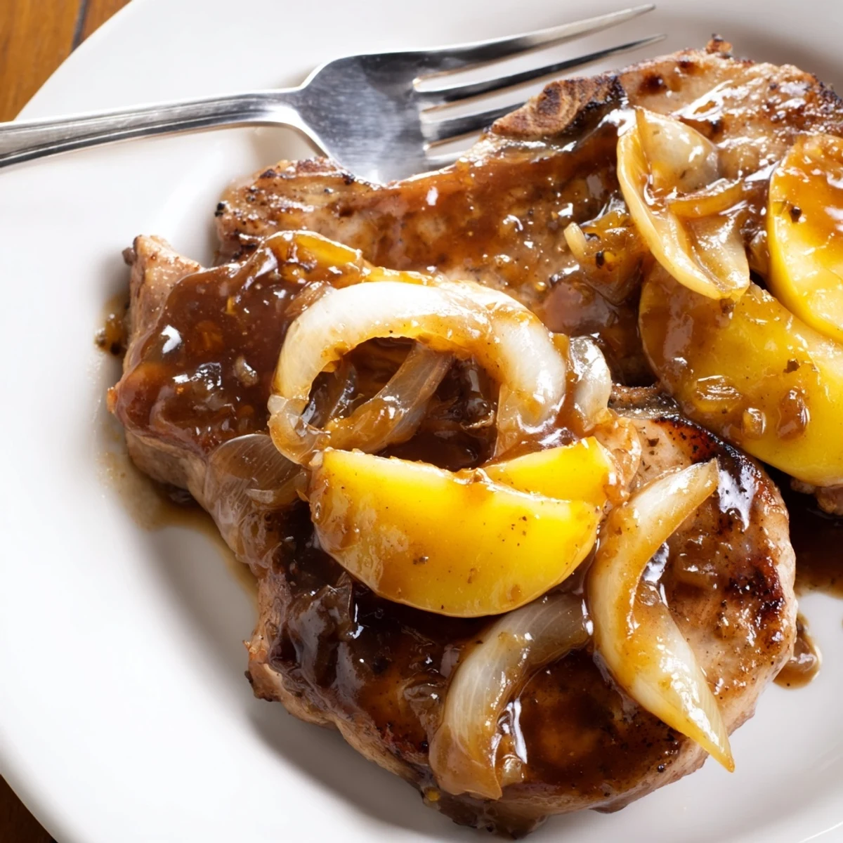 Juicy bone-in pork chops simmered in sweet and savory apple butter sauce with fresh apple slices and aromatic garlic