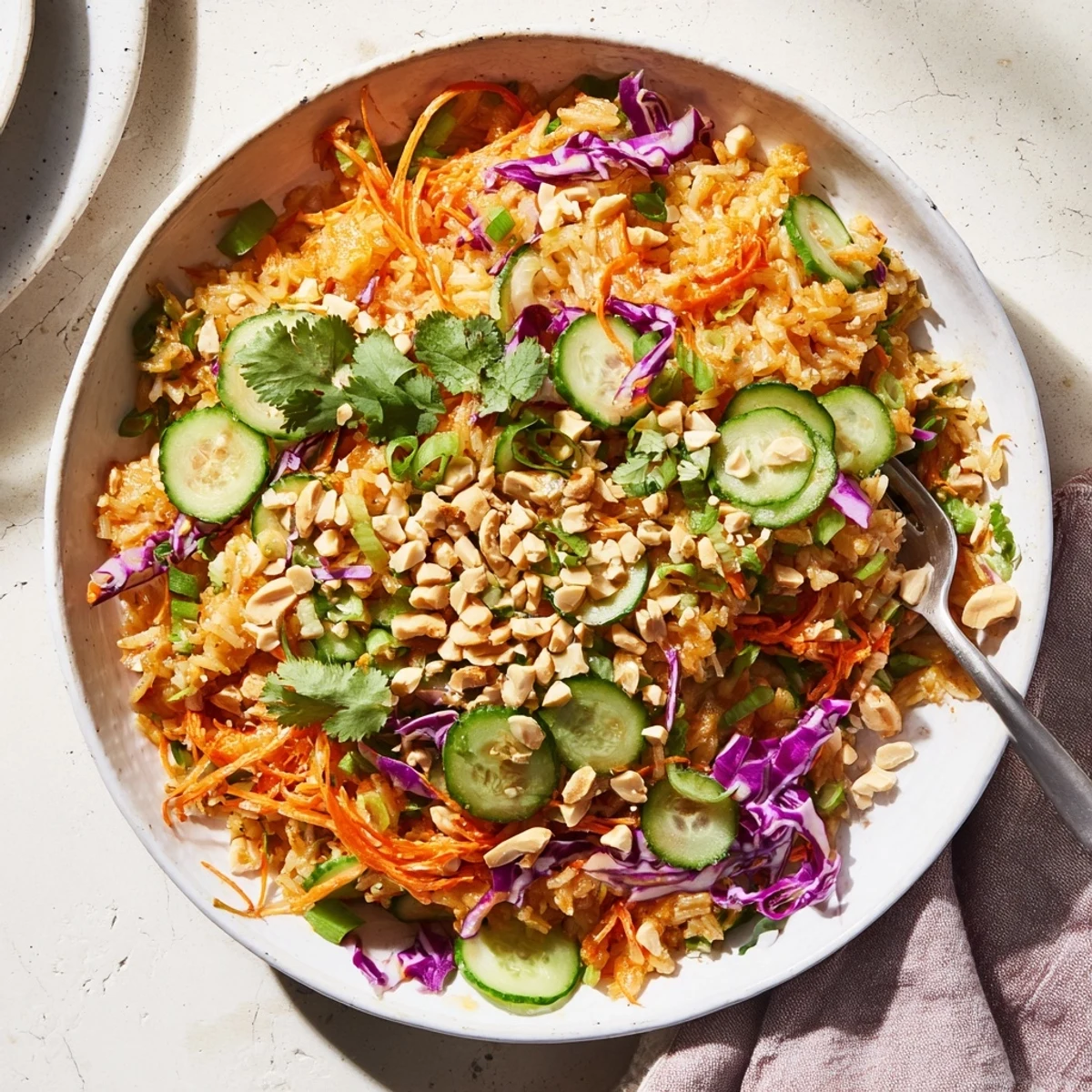 Golden crispy rice salad with colorful vegetables drizzled with creamy peanut sesame dressing in a white bowl