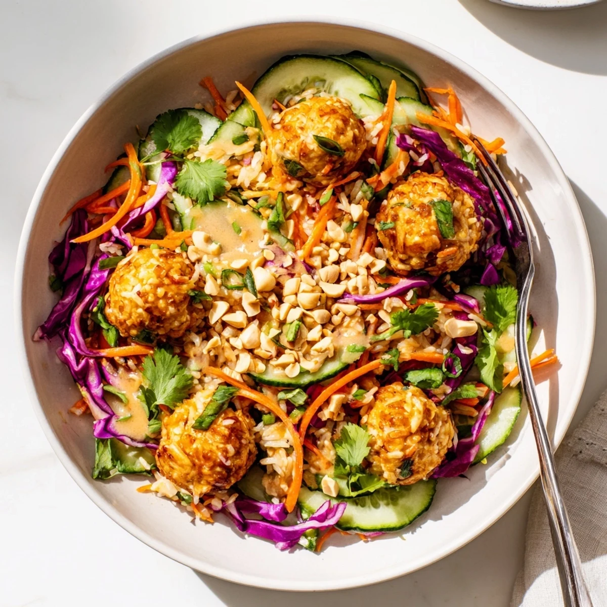 Vibrant Asian-inspired crispy rice salad topped with fresh cilantro, roasted peanuts, and red chili slices