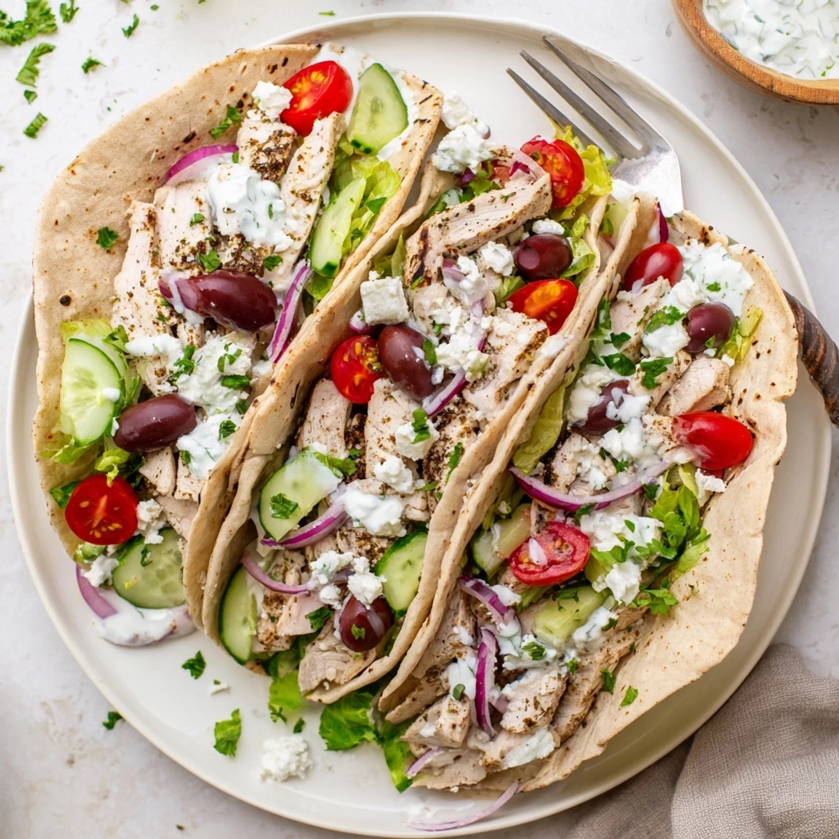 Golden grilled chicken slices stacked in soft tortillas with crisp vegetables and crumbled feta for these Quick Mediterranean Chicken Tacos