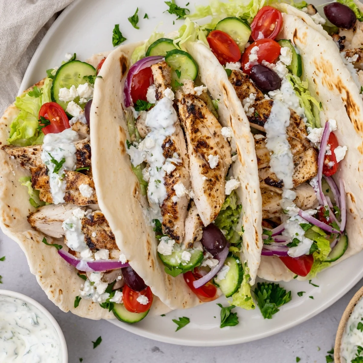 Colorful Mediterranean chicken tacos loaded with fresh cucumber, tomatoes, olives and a creamy zesty yogurt sauce drizzled on top
