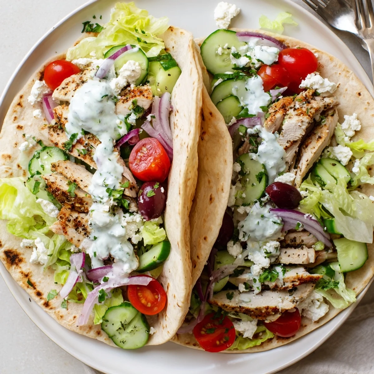 Sliced spiced chicken breasts layered with vibrant toppings and tangy yogurt dressing inside warm flour tortillas for Quick Mediterranean Chicken Tacos