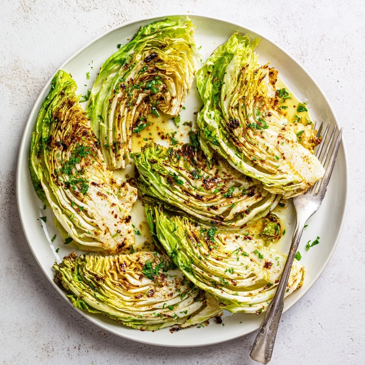 Golden brown roasted cabbage wedges with crispy caramelized edges and tender centers arranged on a parchment-lined baking sheet