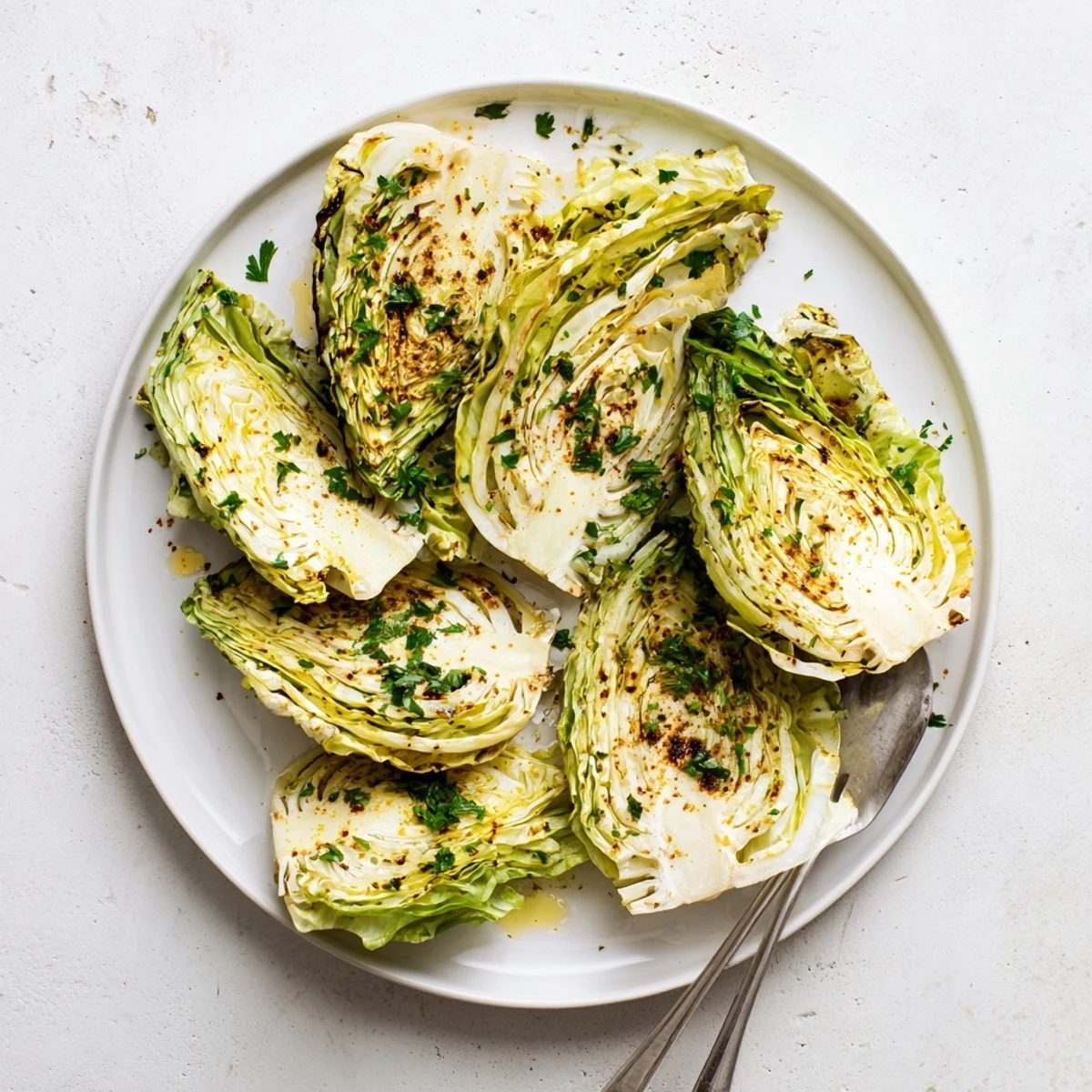Seasoned roasted cabbage wedges brushed with olive oil and aromatic spices served on a white plate garnished with fresh parsley