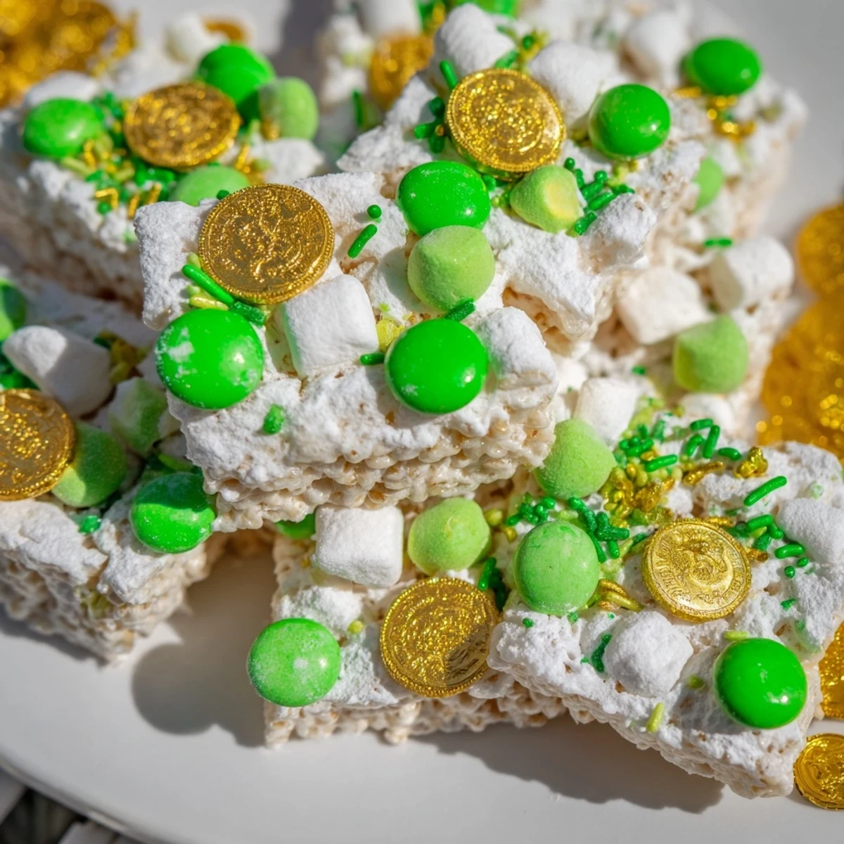 Festive green and white St. Patricks Day Lucky Chow in a glass serving bowl, topped with gold chocolate coins