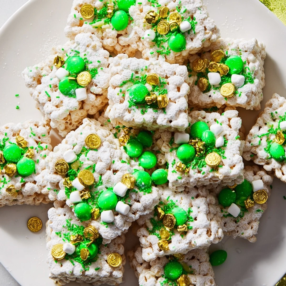 Powdered sugar-coated St. Patricks Day Lucky Chow with green candies and marshmallows scattered on a wooden board