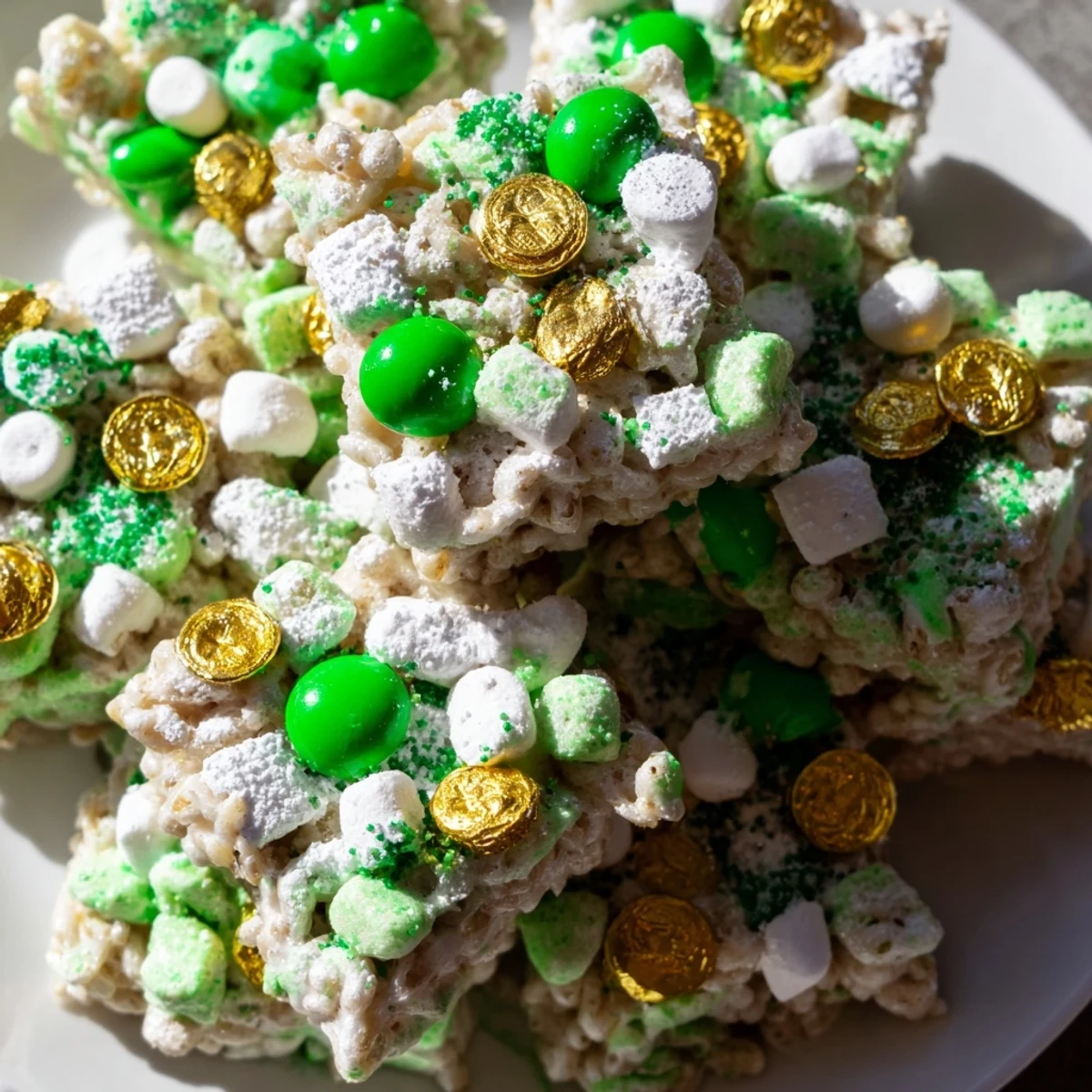 Close-up of St. Patricks Day Lucky Chow showing white chocolate-drizzled cereal mixed with vibrant green sprinkles and gold coins