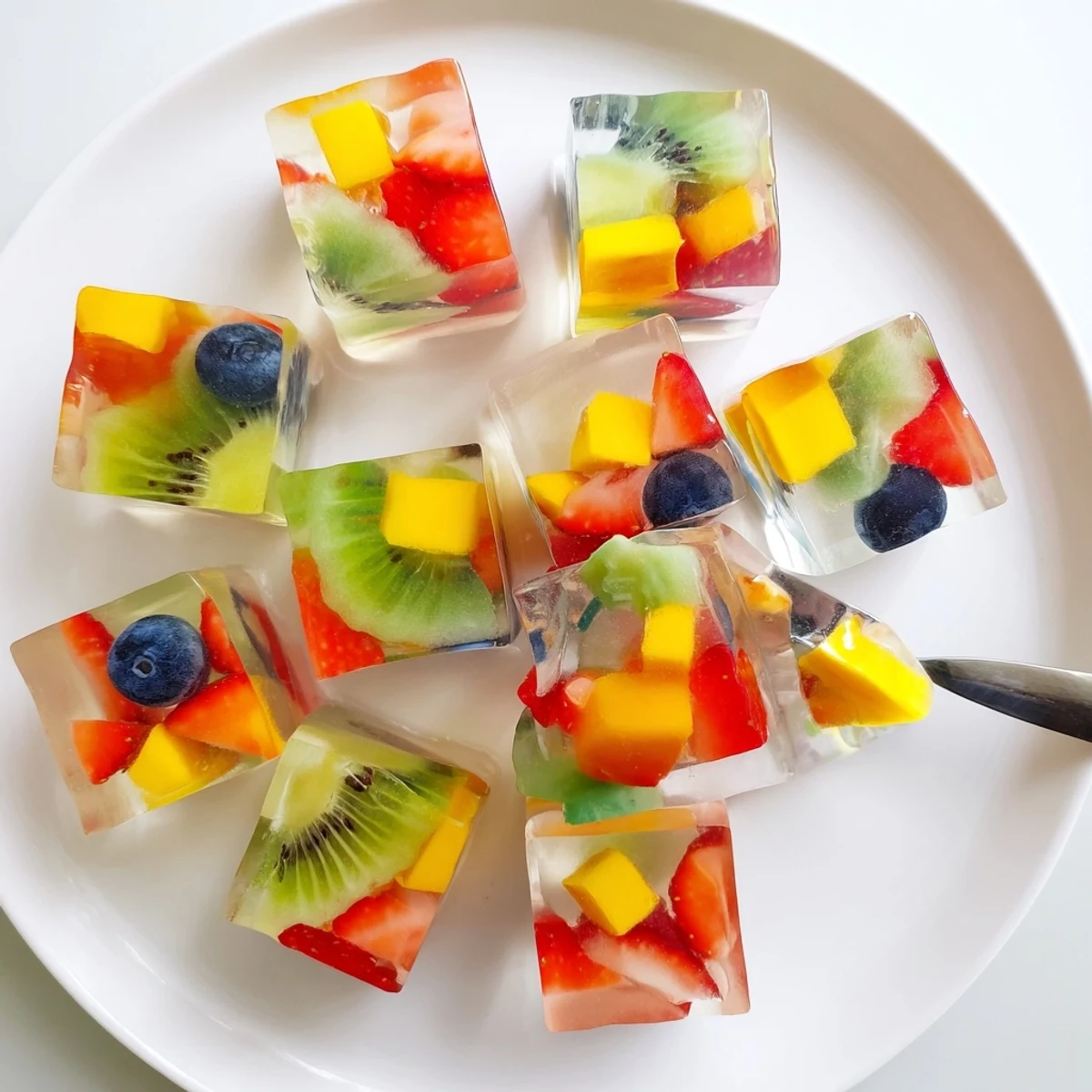 Vegan agar agar fruit jelly dessert with tropical fruits arranged in a transparent glass mold.