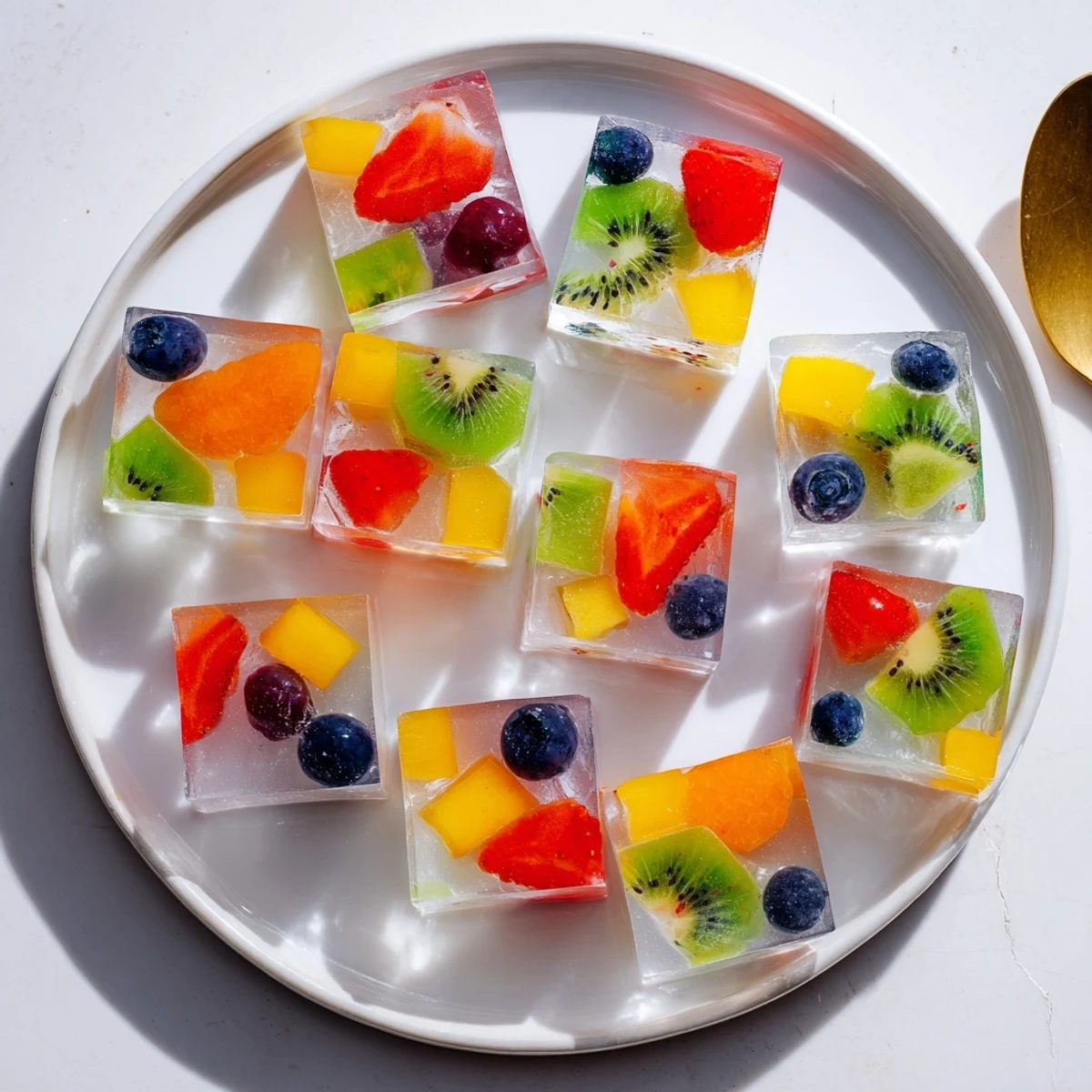 Glossy agar agar fruit jelly with colorful strawberries, kiwi, and mango suspended in clear cubes.