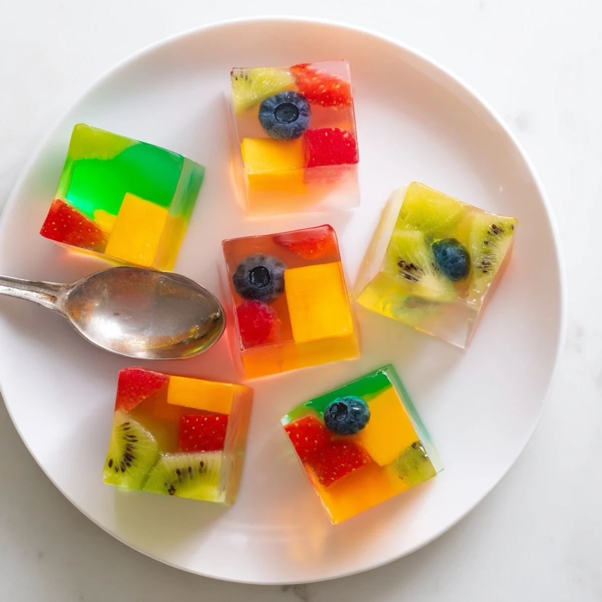 Refreshing agar agar fruit jelly featuring diced seasonal fruits in a wobbly, light gelatin dessert.