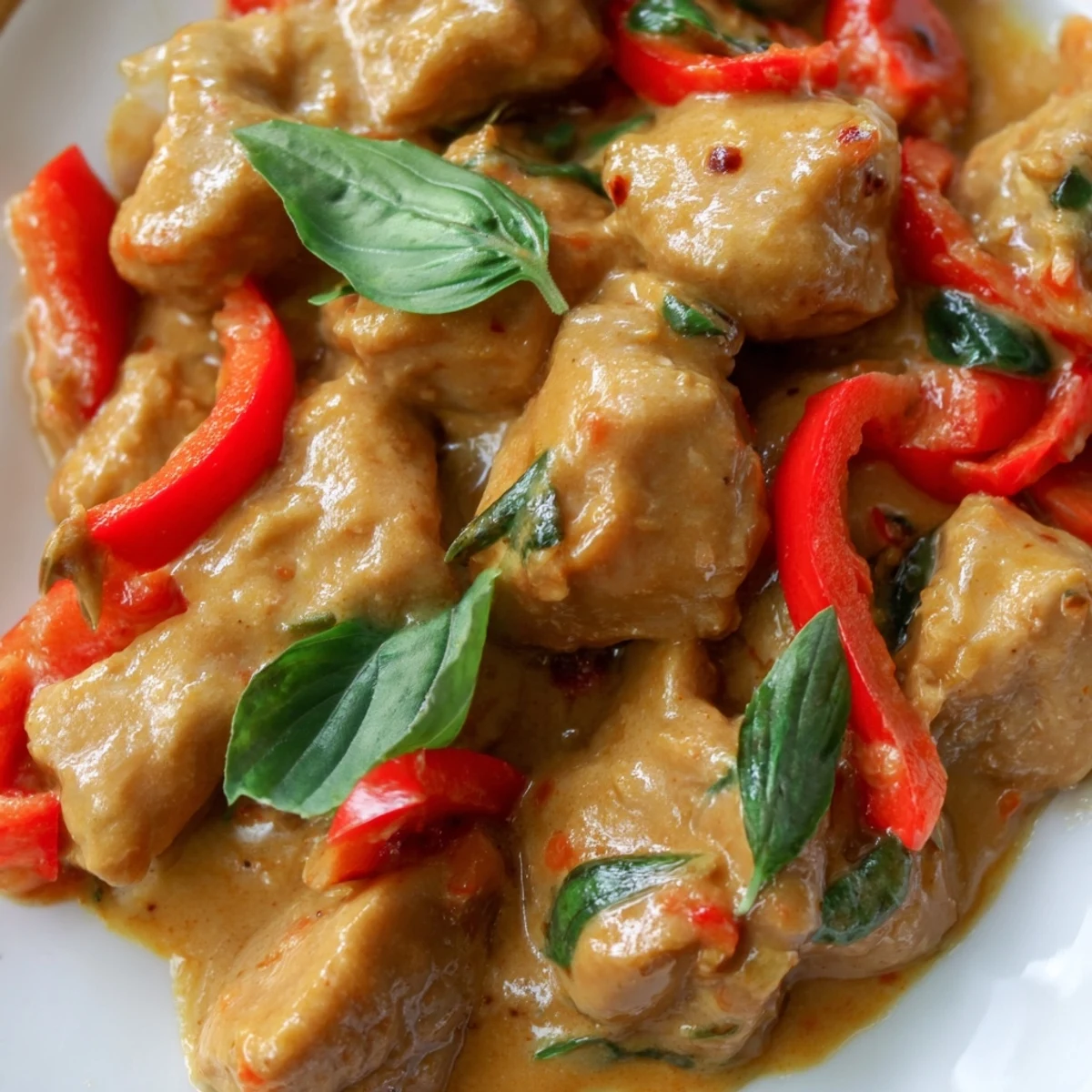 Golden basil chicken pieces swimming in rich coconut curry sauce with vibrant red bell pepper slices