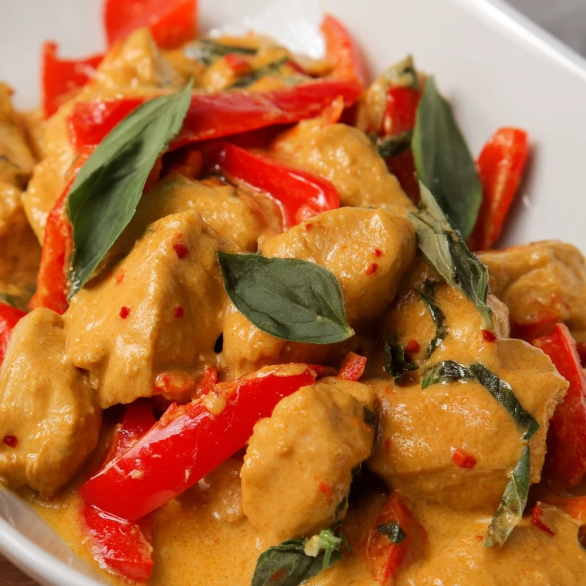 Creamy Thai-style basil chicken curry served steaming hot over white rice with fresh lime wedge garnish