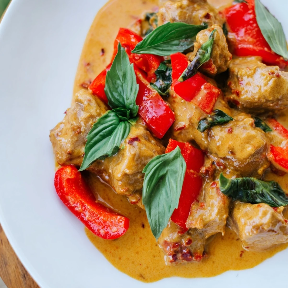 Tender chicken simmered in aromatic coconut red curry sauce topped with fresh green basil leaves