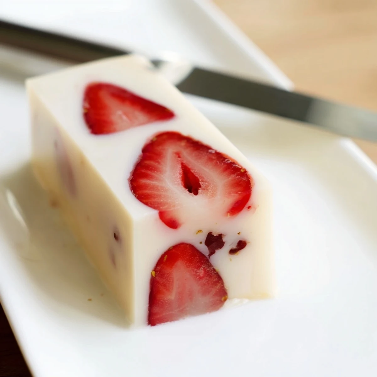 Creamy milk yokan dessert with fresh halved strawberries in a rectangular mold