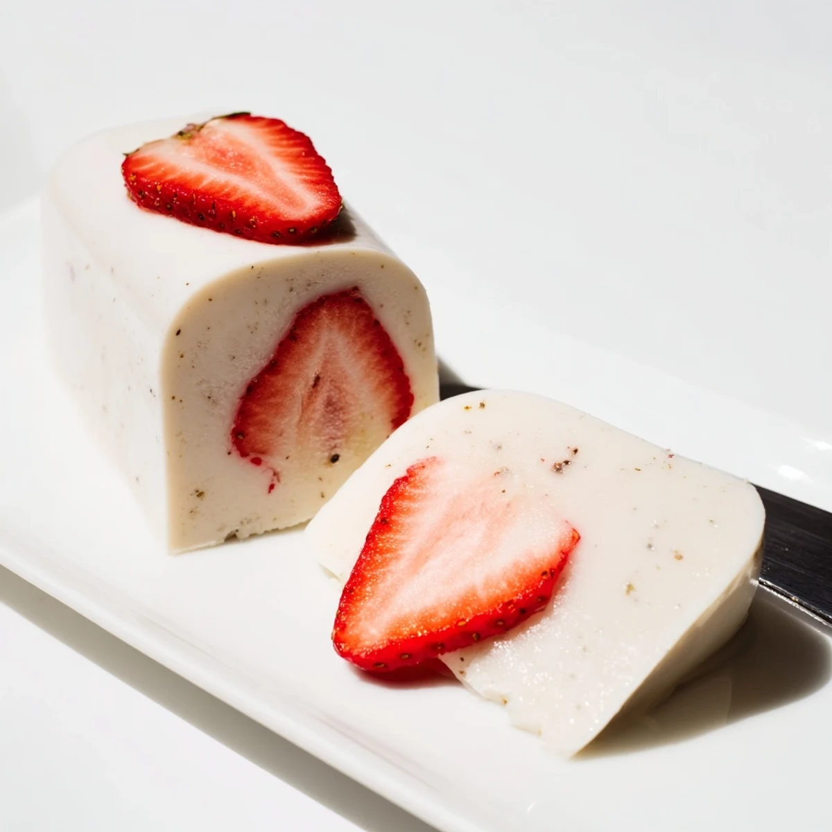 Homemade strawberries and milk yokan set into smooth white cubes with red berries