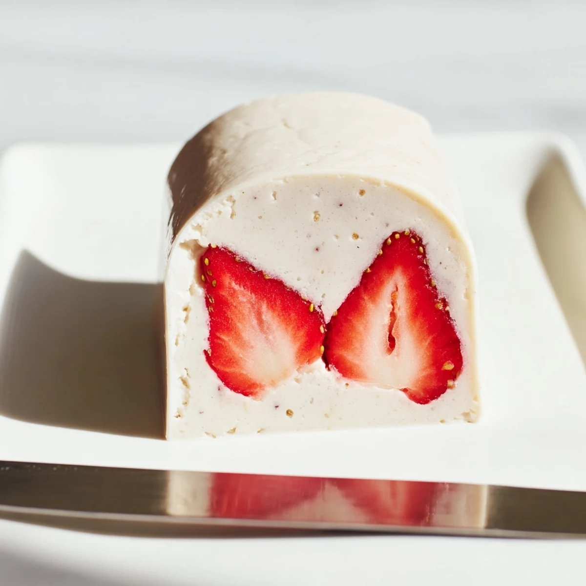Sliced Japanese strawberries and milk yokan garnished with fresh mint on white plate