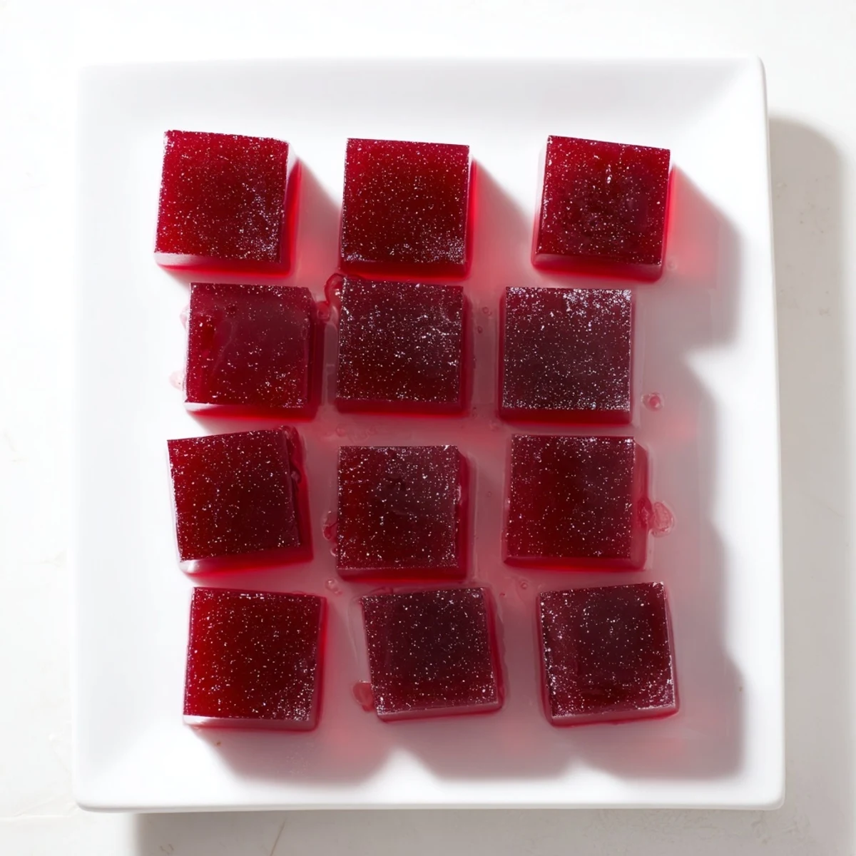 Gut-friendly probiotic jello cubes arranged on white plate garnished with berries
