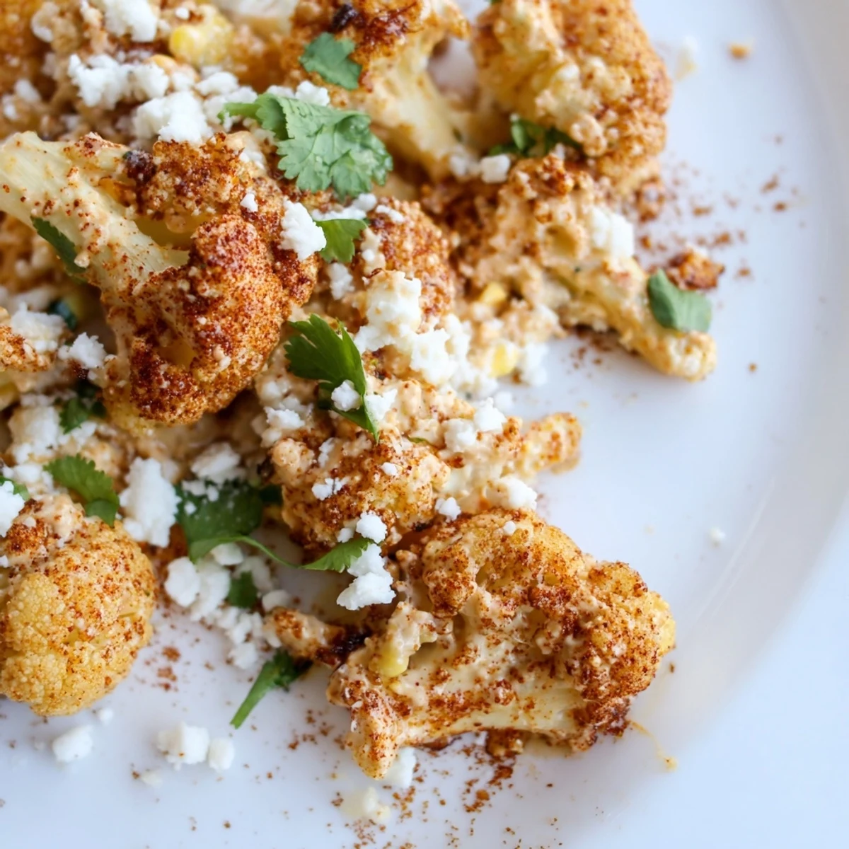 Golden roasted cauliflower florets coated in creamy elote sauce topped with crumbled cotija cheese and fresh cilantro