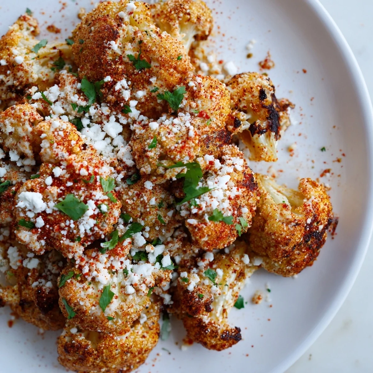 Cauliflower elote served on a white platter with lime wedges and sprinkled chili powder garnish