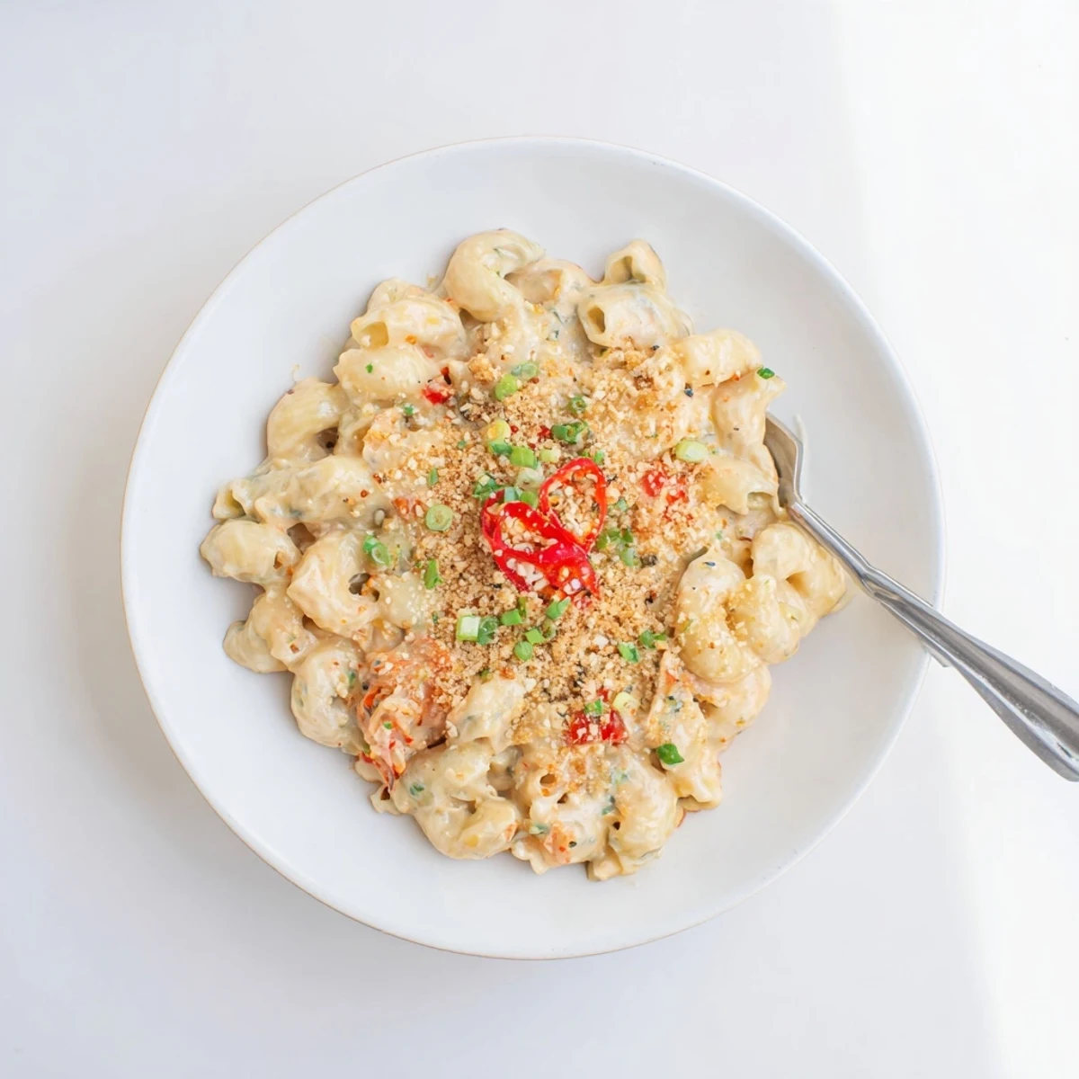 Creamy kimchi mac and cheese bubbling in a baking dish with golden panko topping