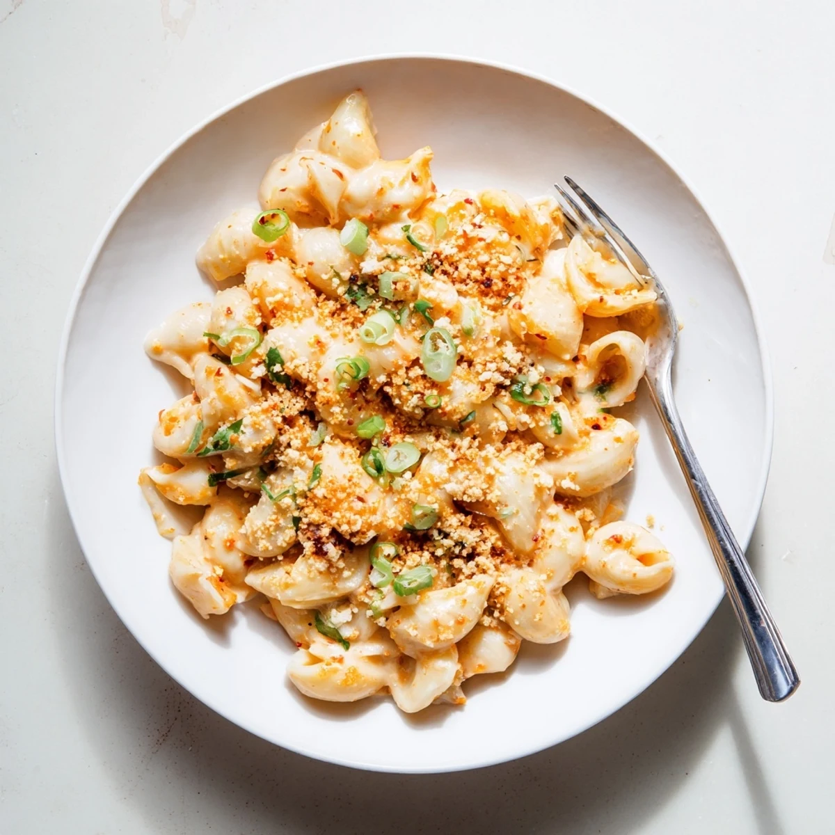 Baked kimchi mac and cheese served steaming hot with chopped green onions and sesame seeds