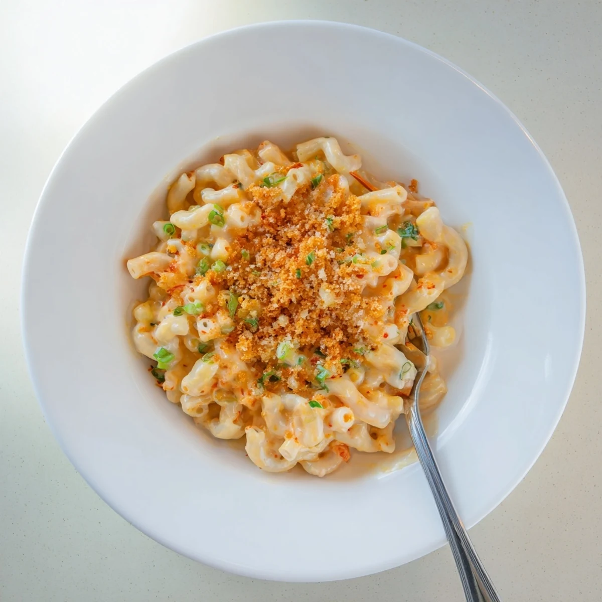 Kimchi mac and cheese in a white bowl showcasing spicy fermented cabbage mixed with melted cheese