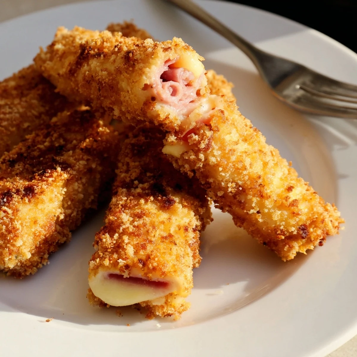 Crispy fried ham and cheese sticks hot from the pan with melted mozzarella peeking through