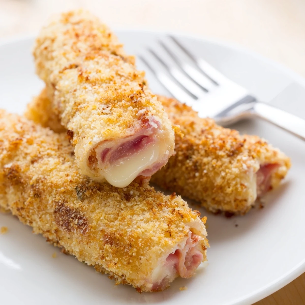 Golden brown ham and cheese sticks arranged on a serving plate with marinara dipping sauce