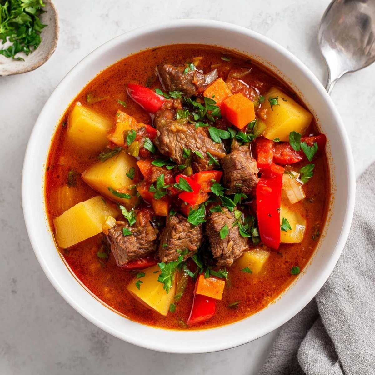 Slow cooker Hungarian goulash featuring tender beef cubes, colorful vegetables, and vibrant paprika sauce in a rustic bowl
