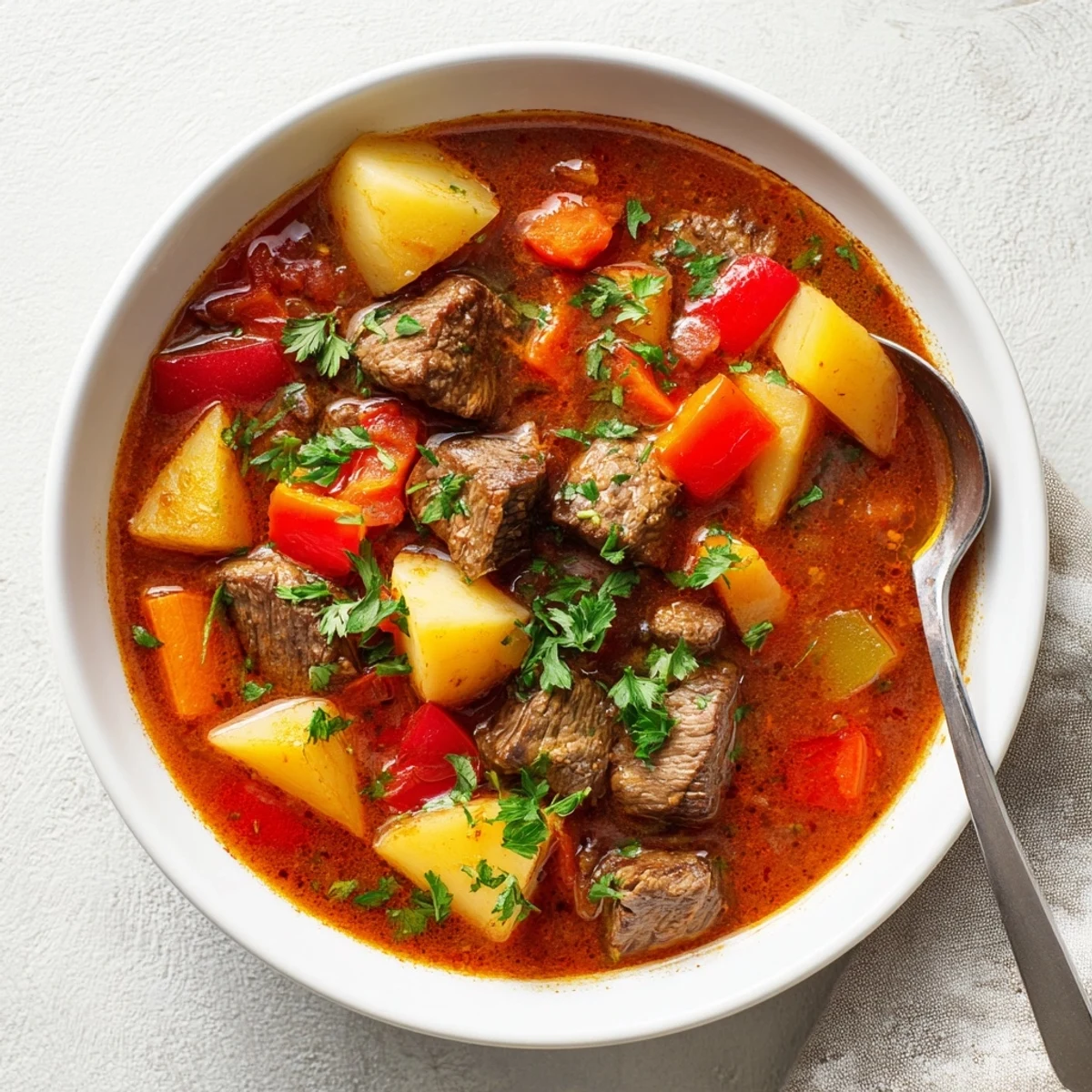 Hearty Hungarian goulash slow-cooked to perfection with chunks of beef, potatoes, and carrots in a rich red broth