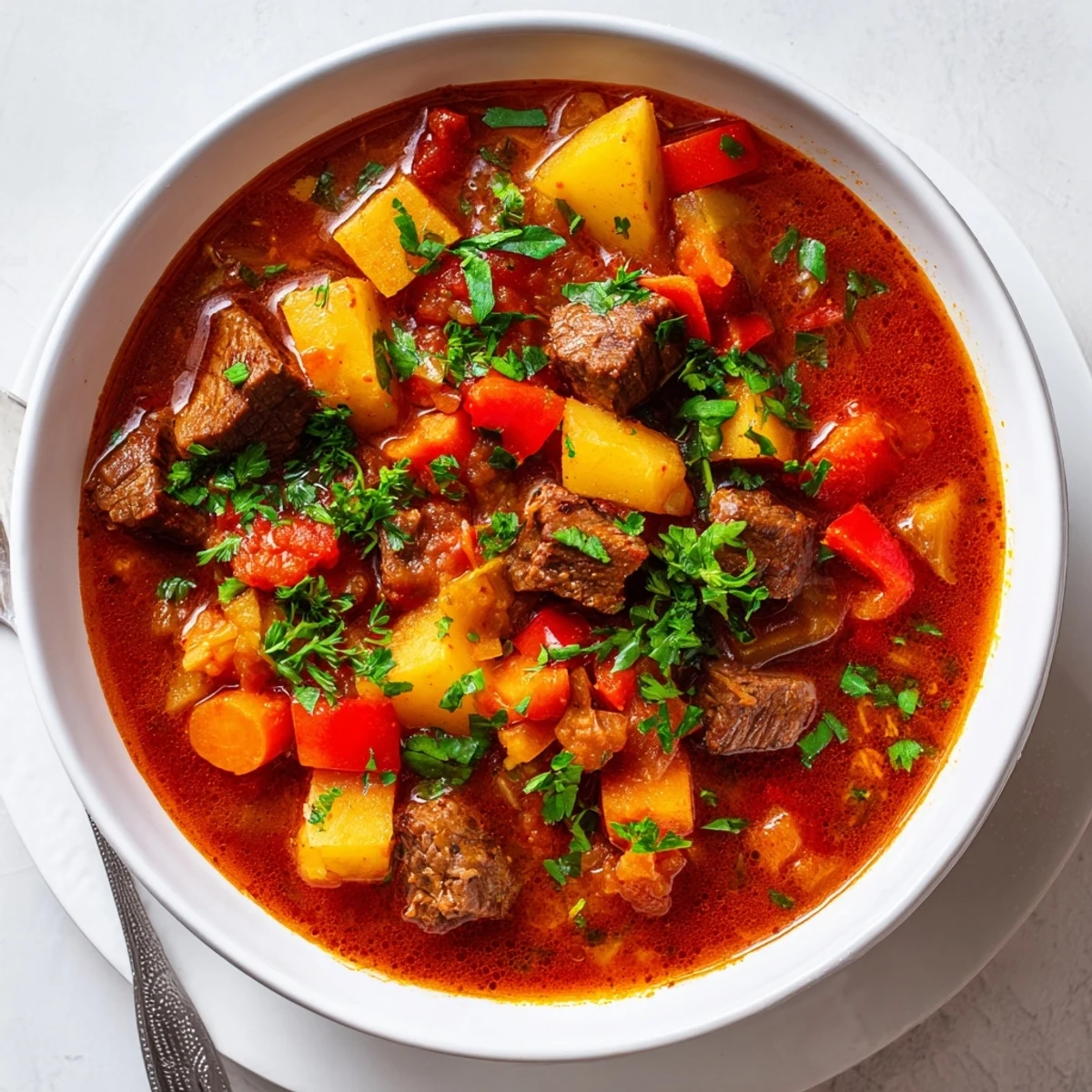 Homemade slow cooker Hungarian goulash topped with fresh parsley and sour cream beside crusty bread for dipping