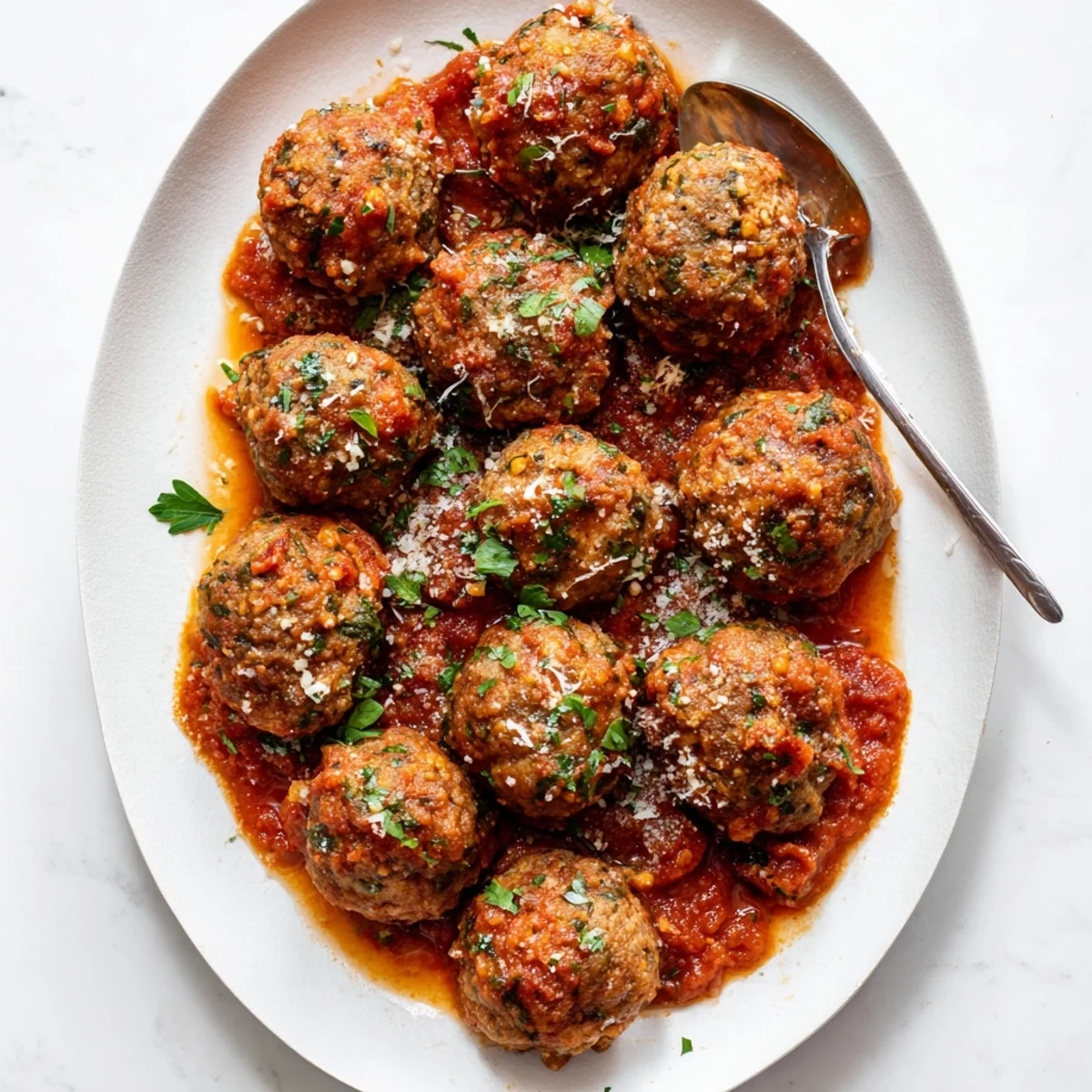 Golden brown authentic Italian meatballs simmering in rich red tomato sauce with fresh parsley garnish