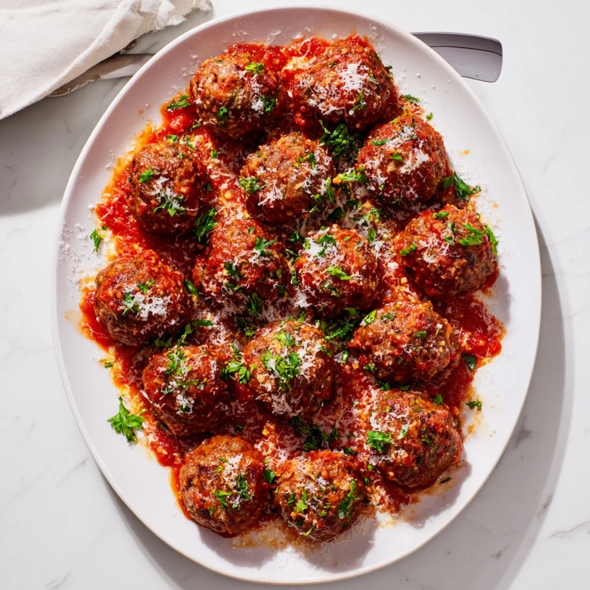 Plump juicy authentic Italian meatballs resting in thick rustic tomato sauce with fresh basil sprinkles