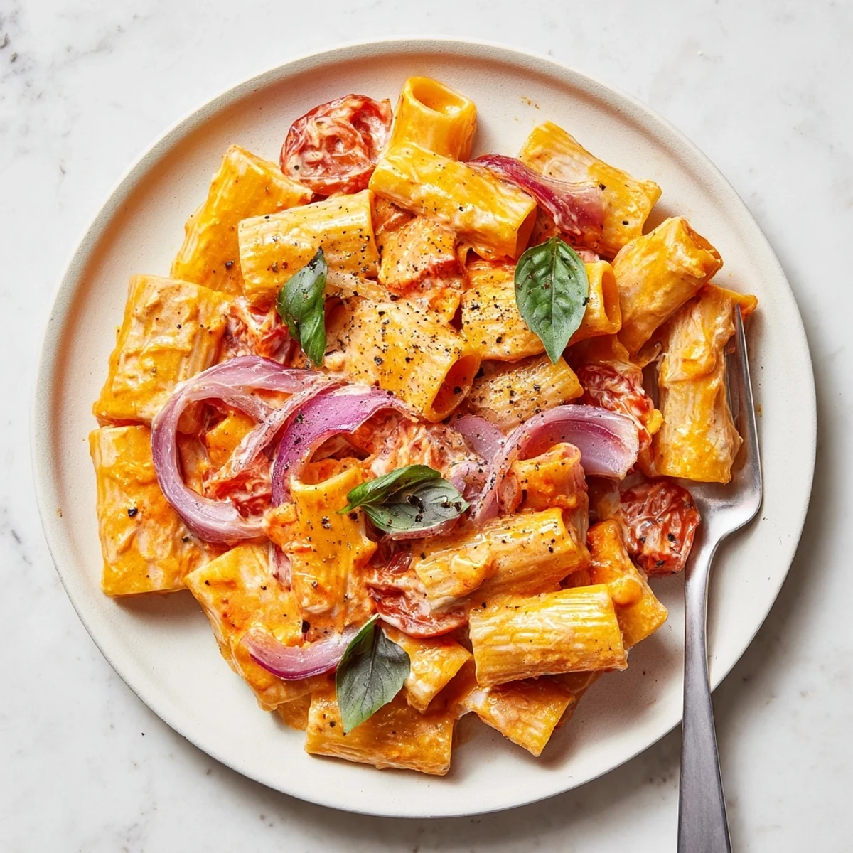 Tangled pasta coated in rich tangy feta sauce with roasted tomatoes and fresh basil garnish