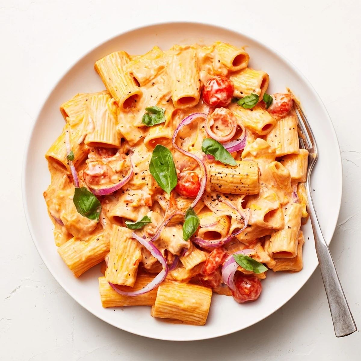 Golden roasted feta cheese nestled among burst cherry tomatoes creating a luscious creamy pasta sauce