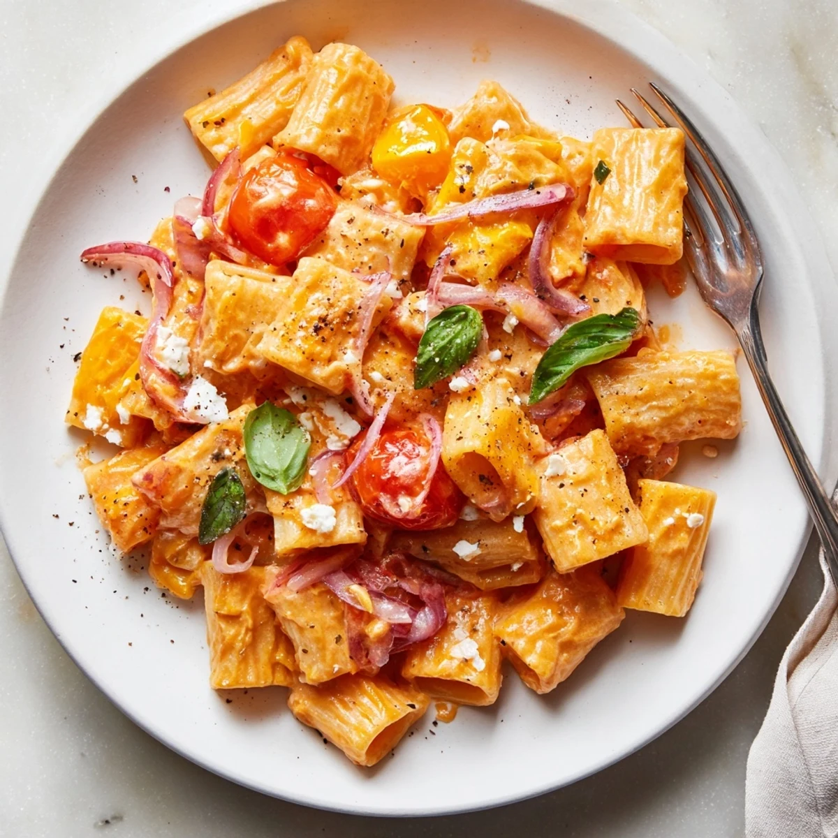 Creamy feta pasta bowl featuring golden melted cheese over al dente noodles with sun-ripened tomatoes
