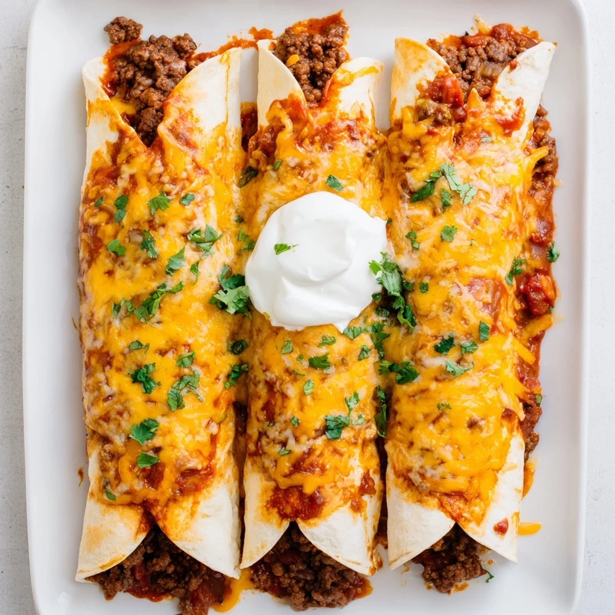 Baked savory beef enchiladas with melted cheddar and Monterey Jack cheese bubbling on top
