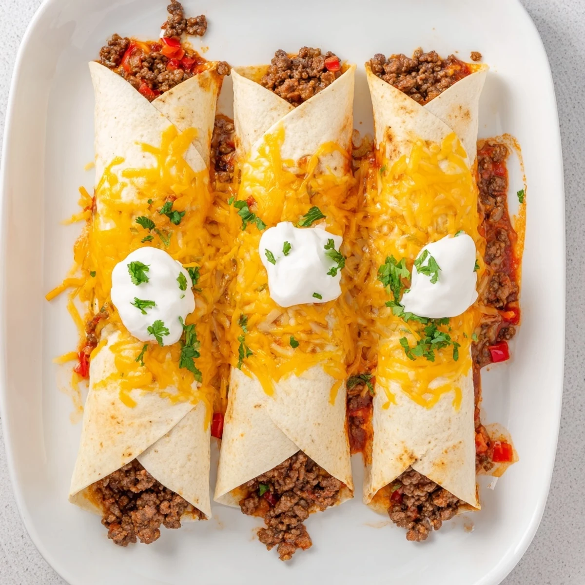 Family-style savory beef enchiladas drizzled with red sauce and garnished with fresh cilantro