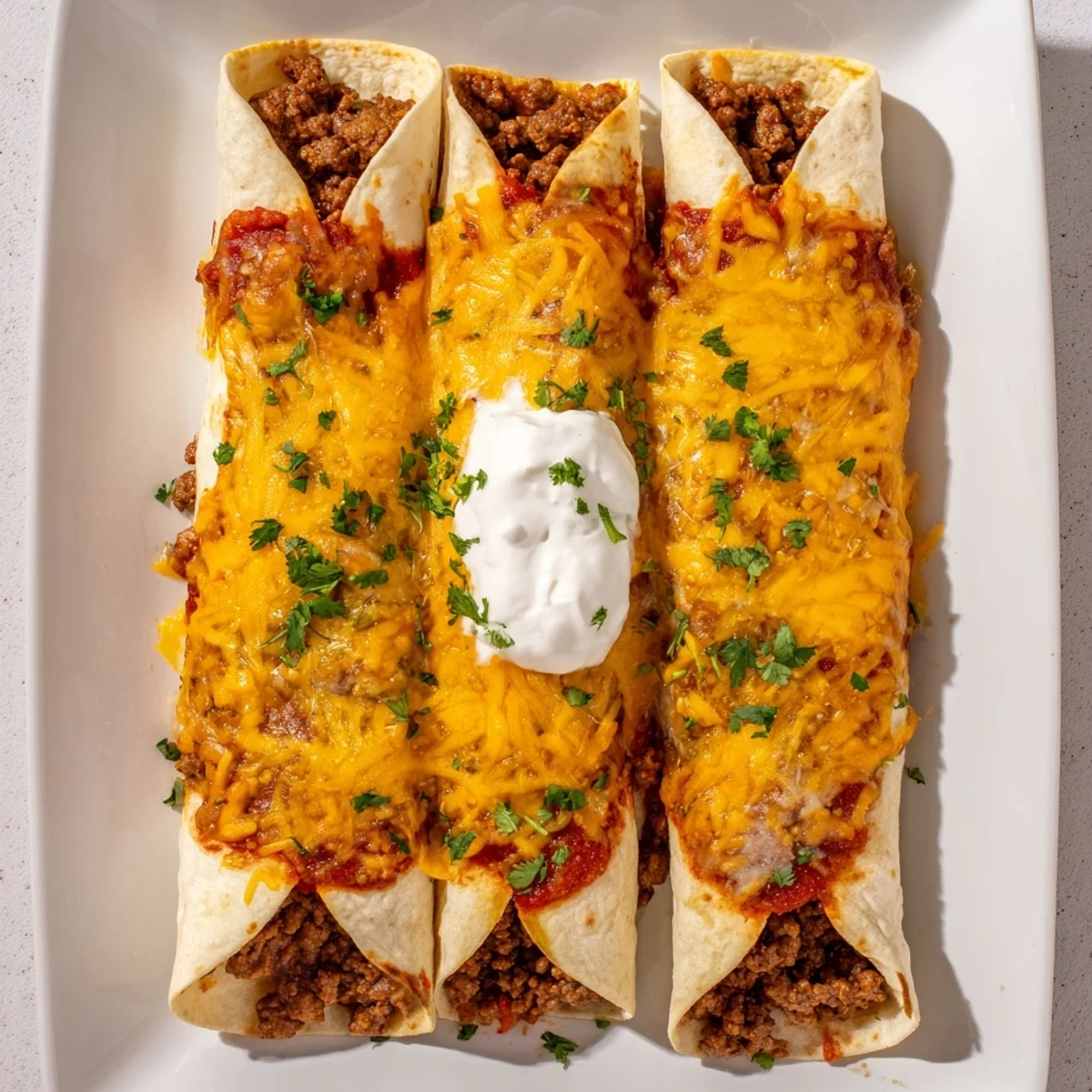Savory beef enchiladas filled with spiced ground beef rolled in soft flour tortillas
