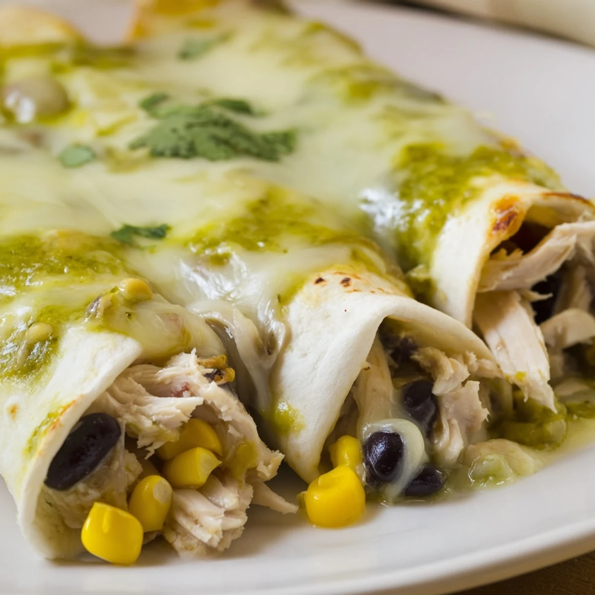 Steamy Salsa Verde Chicken Enchiladas featuring tender shredded chicken filling wrapped in soft corn tortillas