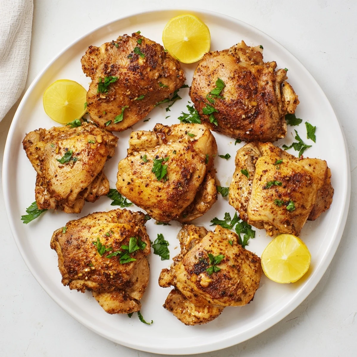 Golden brown ultimate boneless skinless chicken thighs garnished with fresh parsley and lemon wedges on a white plate