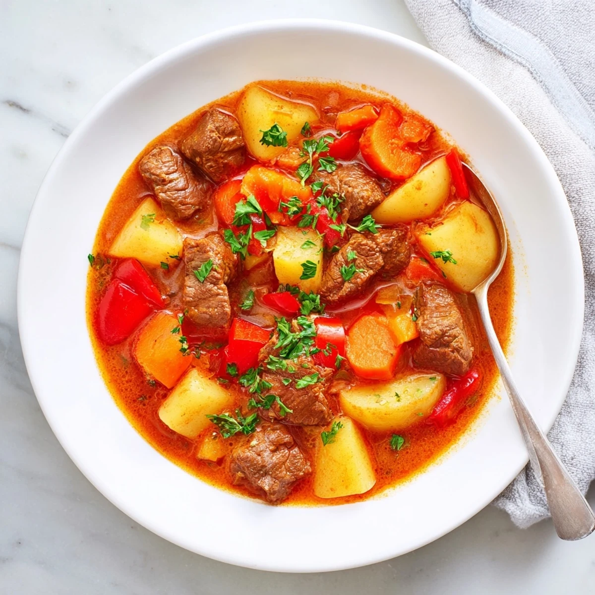 Slow cooker Hungarian goulash featuring tender beef chunks in a rich red paprika sauce with colorful vegetables