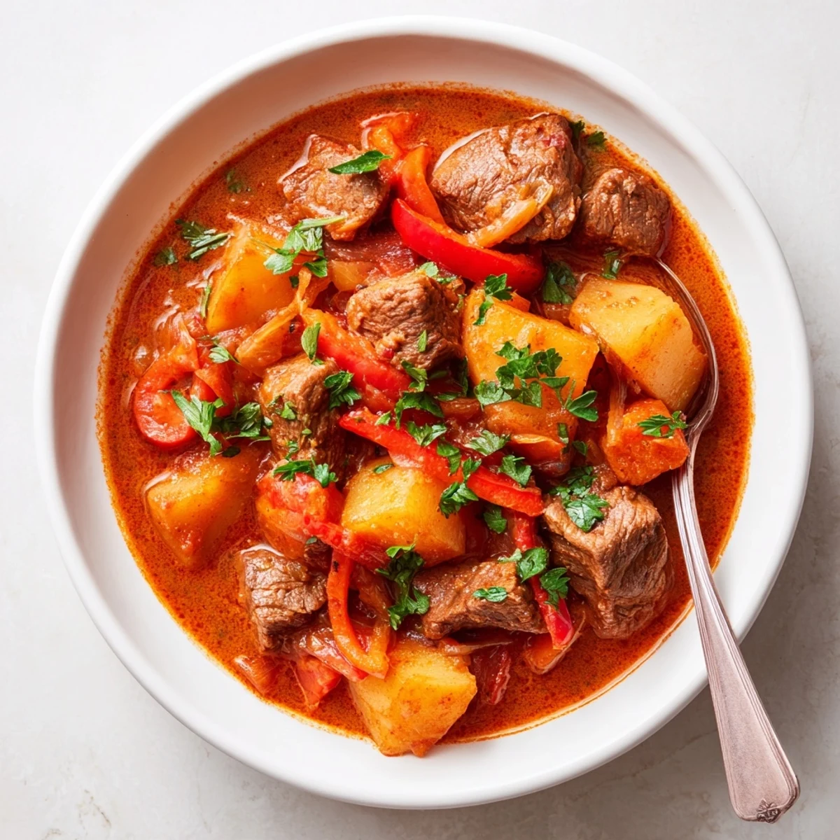 Hearty slow cooker Hungarian goulash served in a deep bowl with fresh parsley garnish and crusty bread